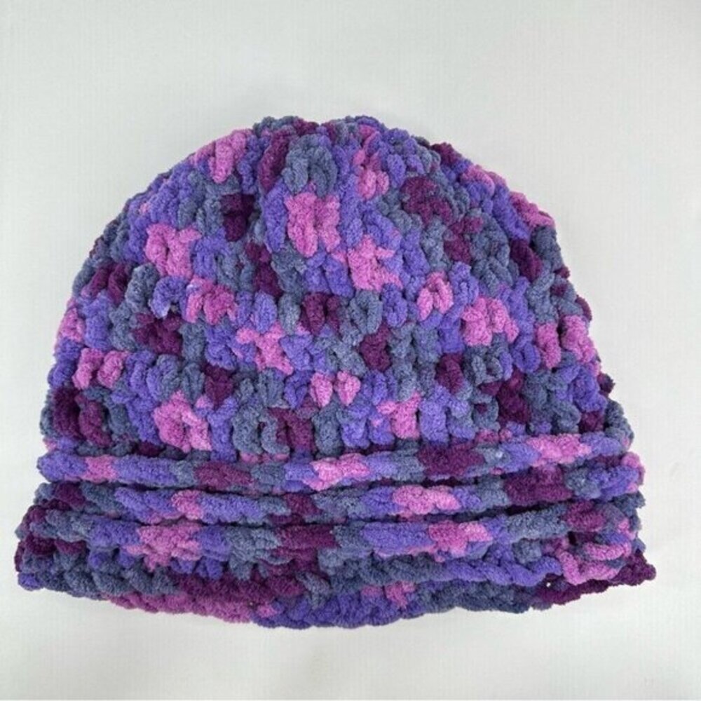 Handmade Purple Variegated Chunky Knit Slouchy Beanie Chenille Winter Hat NEW - Picture 7 of 11